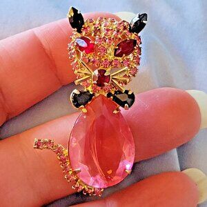 Alice Caviness Brooch Pin Vintage 1960s Pink Black Rhinestone Cat Brooch Stamped